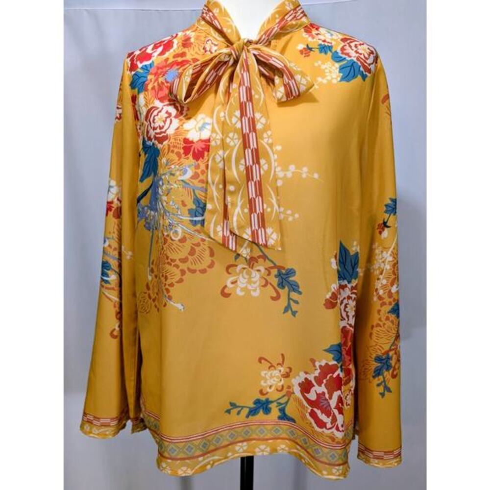 Flying Tomato Mustard Floral Print Tie Neck Blouse Size S